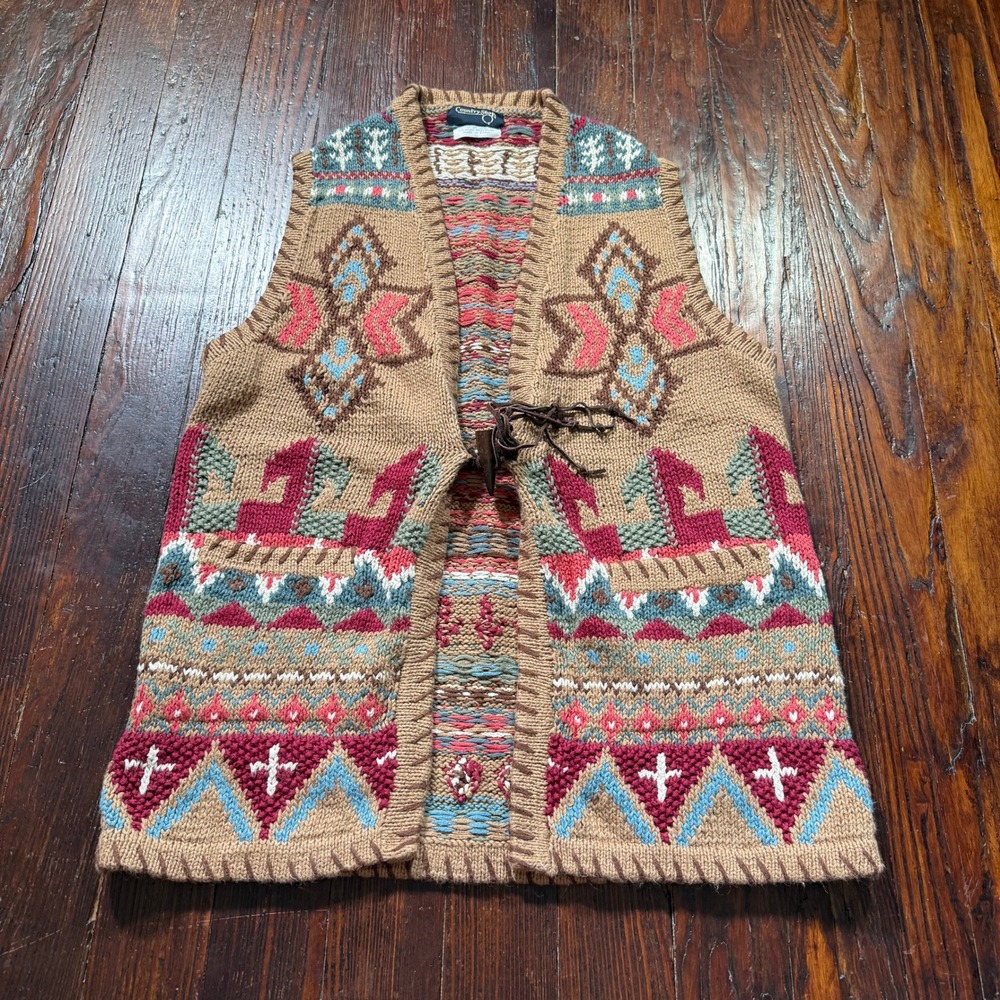 Vintage 90s Country Shop Vest Women L Southwestern Knit Toggle Hand Knitted
